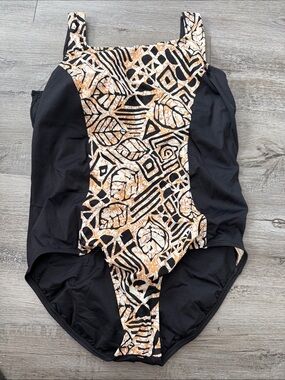 Moen Black One-Piece Swimsuit with Tan and Cream Geometric Leaf Panel